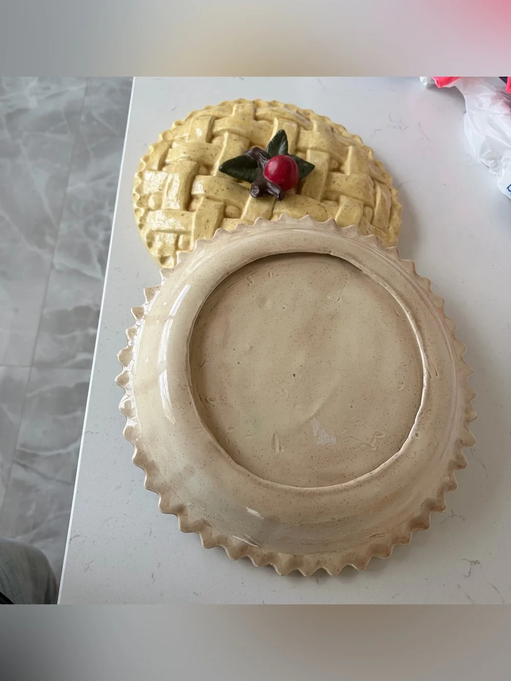 Vintage Ceramic Pie Keeper Lattice Crust Lid Cherry On Top Beautiful!
